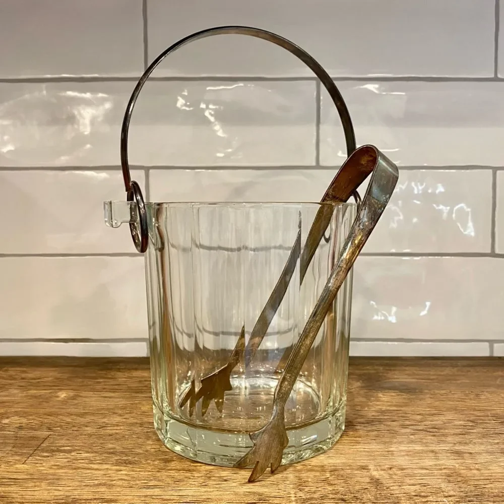 Vintage Crystal & Silver Ice Bucket With Tongs Barware Set Mid Century Modern